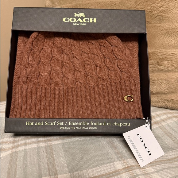 Coach Other - NWT Coach Boxed Cable Knit Beanie Hat and Scarf Set - Saddle Brown